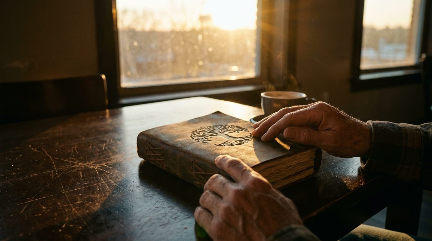 Hands closing a journal at dusk, symbolizing the end of a day