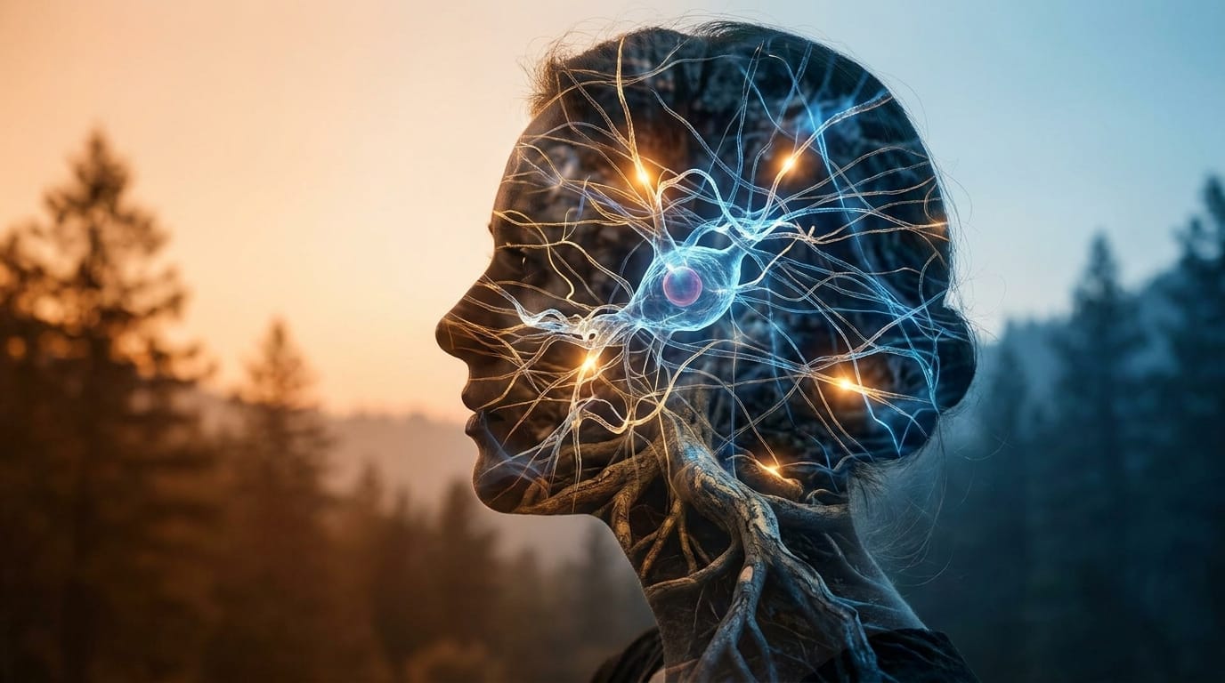 A silhouette of a head combined with glowing roots, representing the mind-body connection