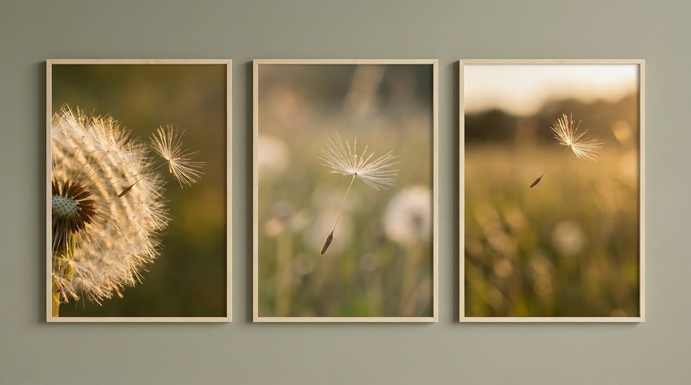 A single dandelion seed floating in the wind during golden hour.