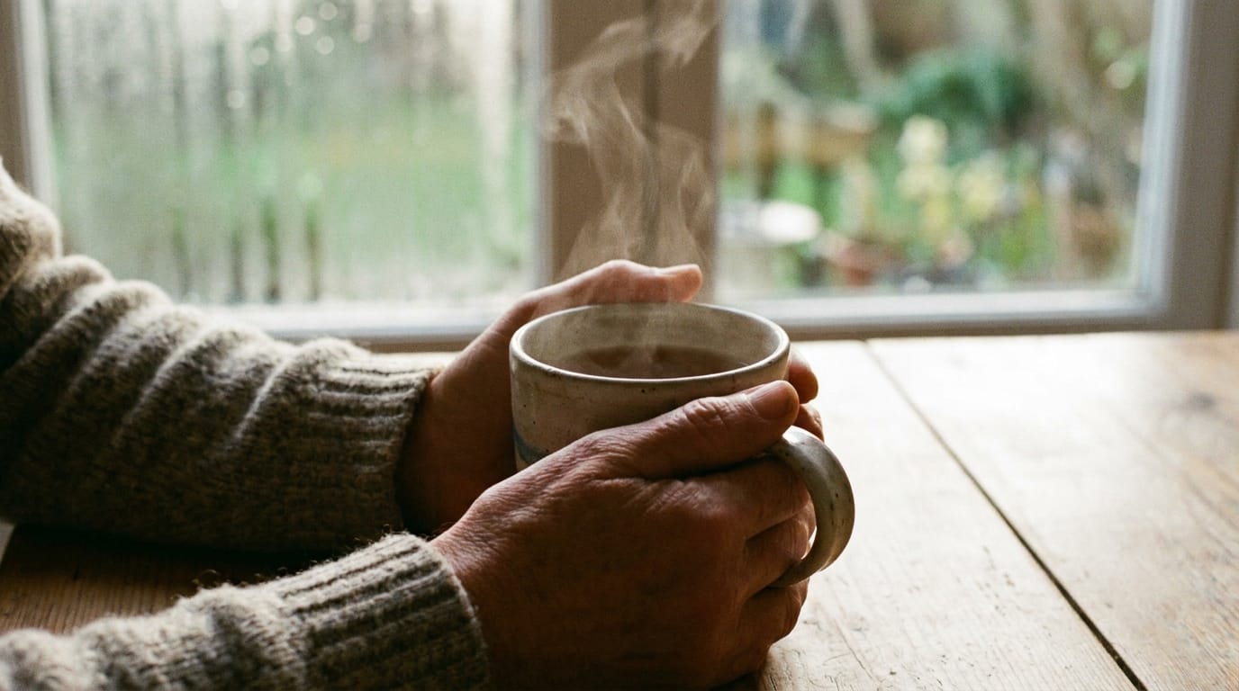Hands holding a warm mug of tea