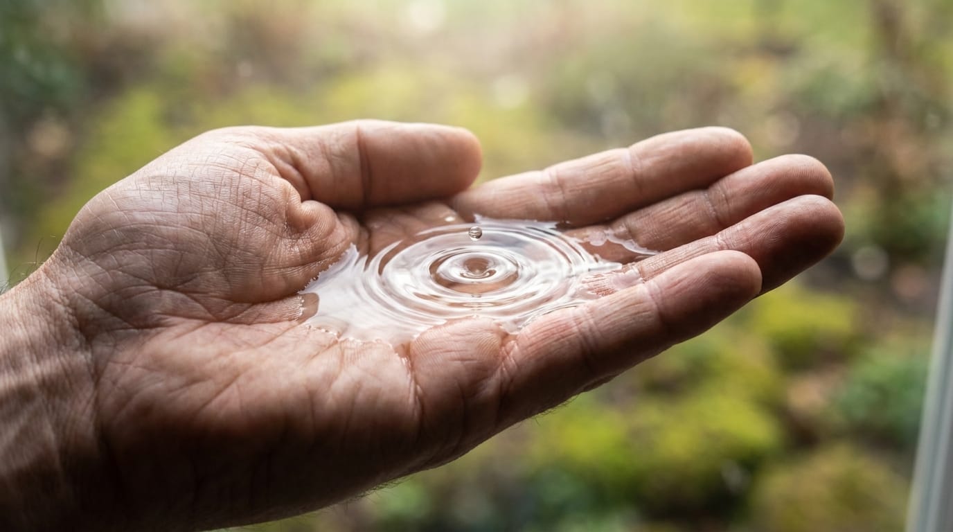 A hand held open with a drop of water creating ripples