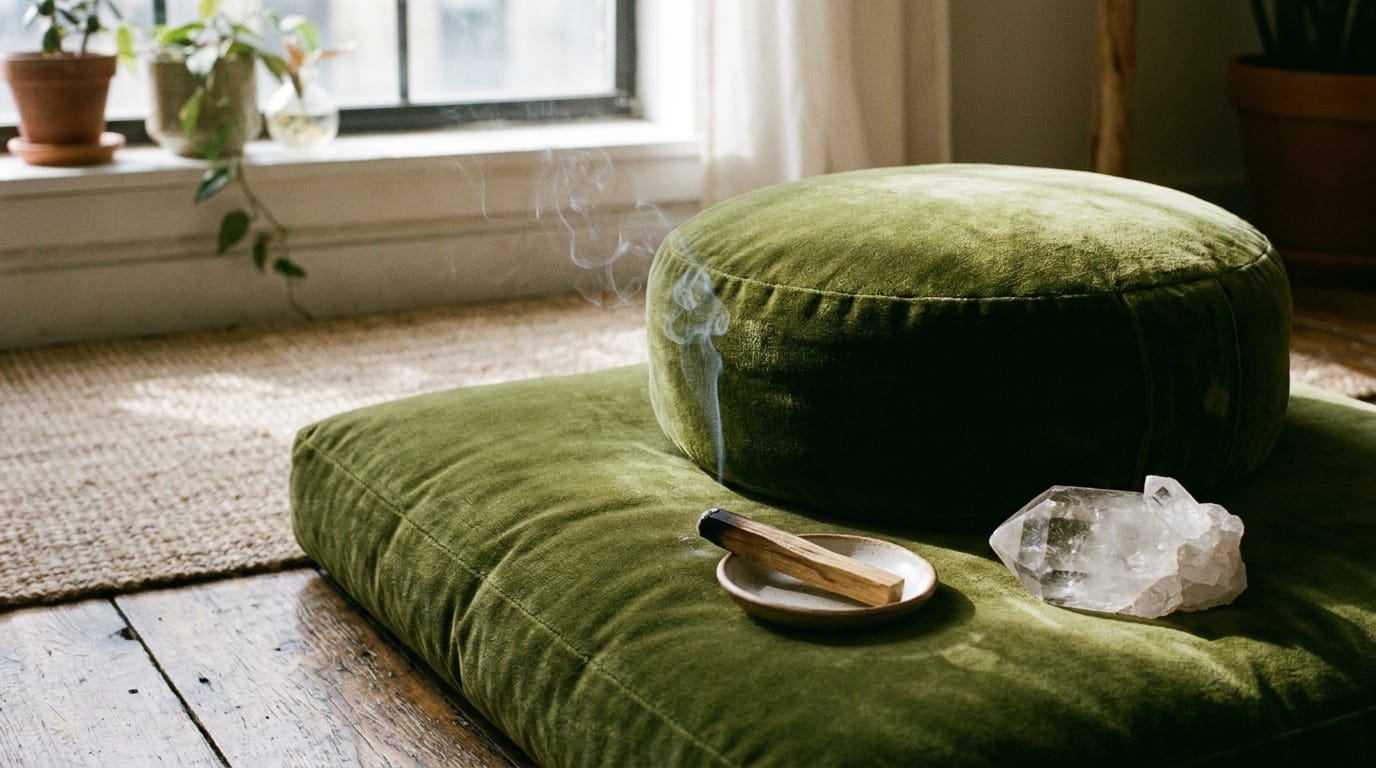 a calm meditation corner with a cushion and smoking palo santo stick