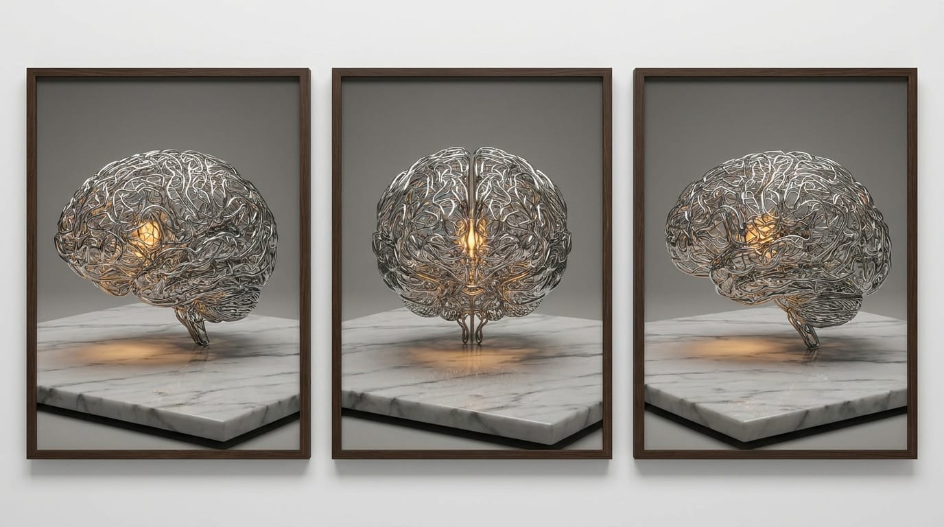 Silver wire brain sculpture on white marble with amber light