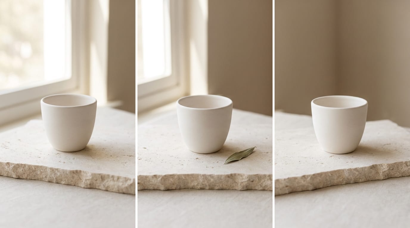 Three white ceramic cups on stone surface with green leaf