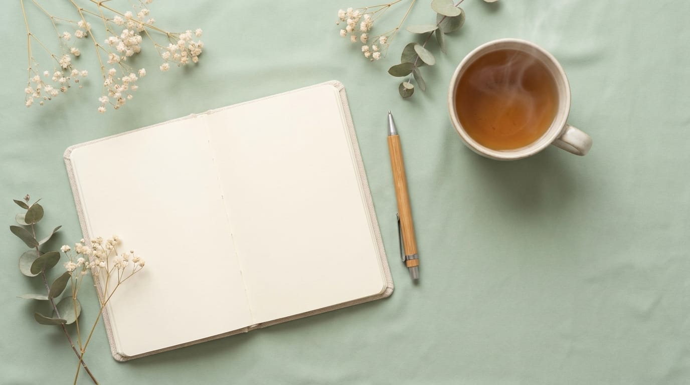Open notebook and cup of tea on a sage green background