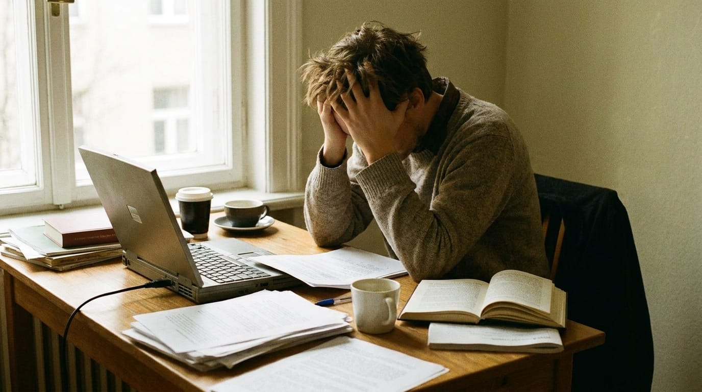 Person overwhelmed at desk with head in hands