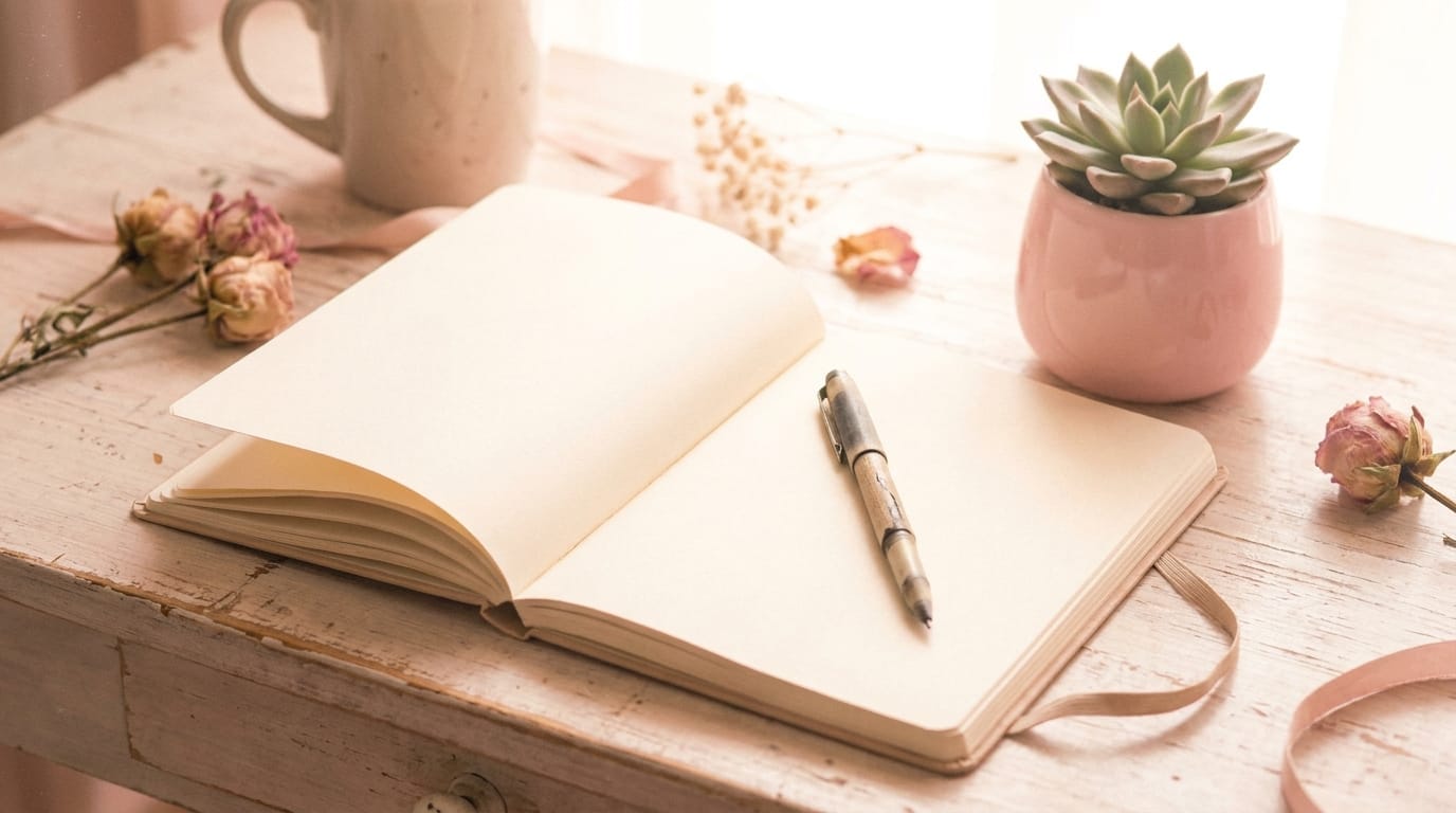 Open journal and pen on a wooden desk with a small plant