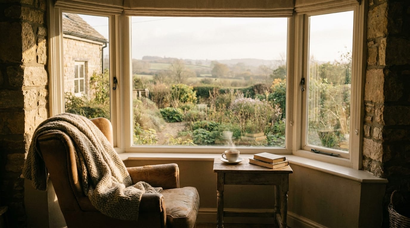 Cozy reading nook with tea and warm afternoon sunlight