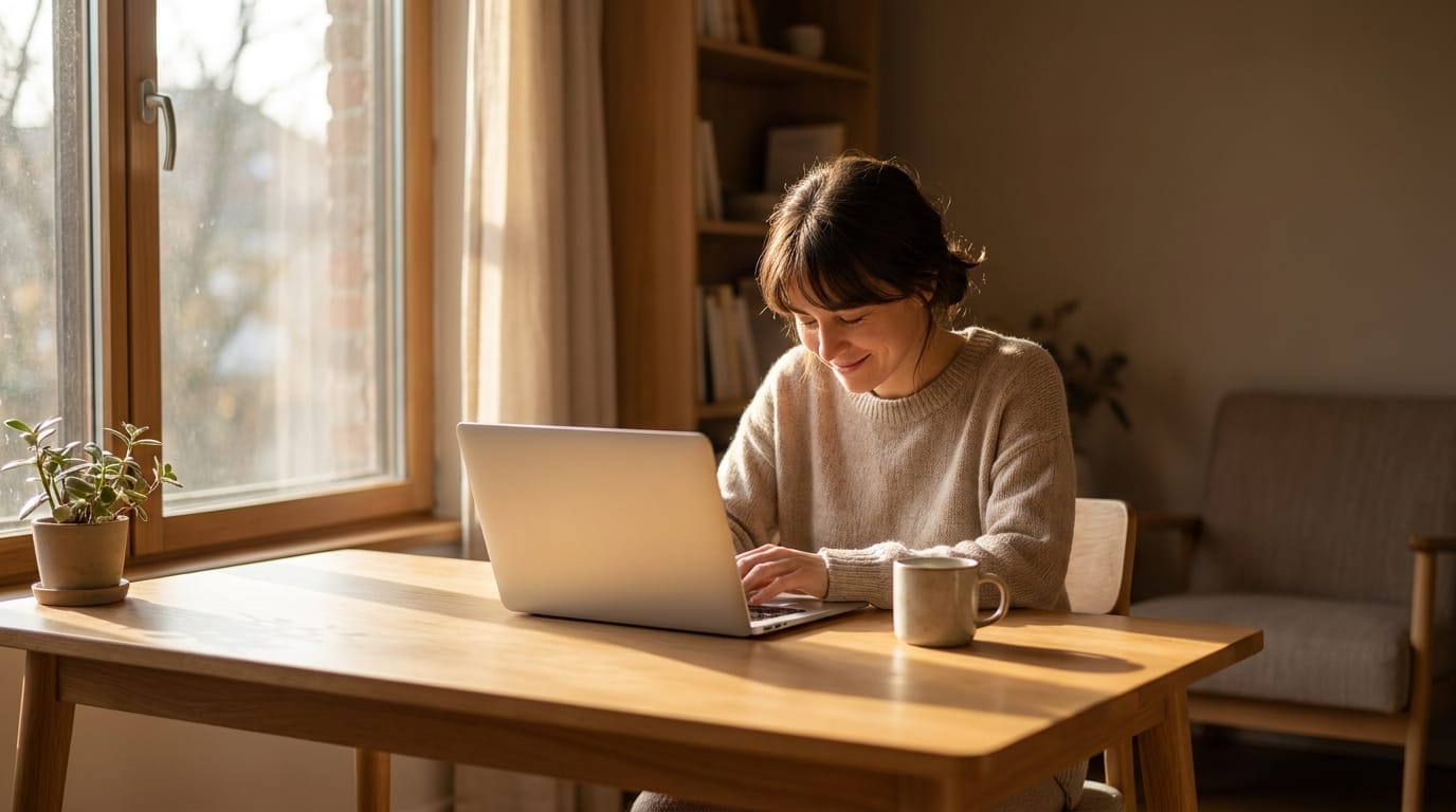 Person working calmly at a clean desk with one laptop open in morning light