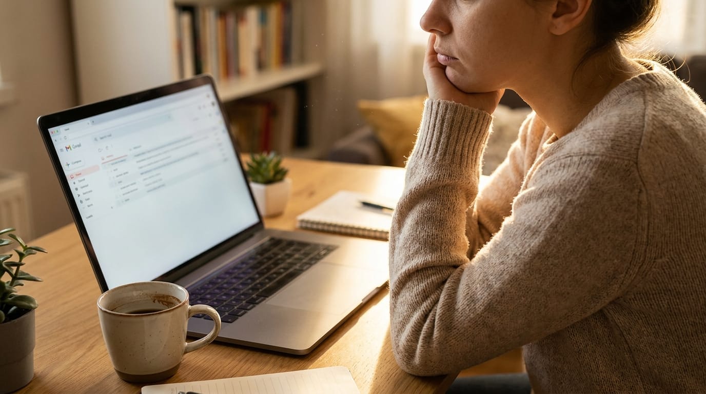 Person looking mentally drained at a tidy home desk in afternoon light