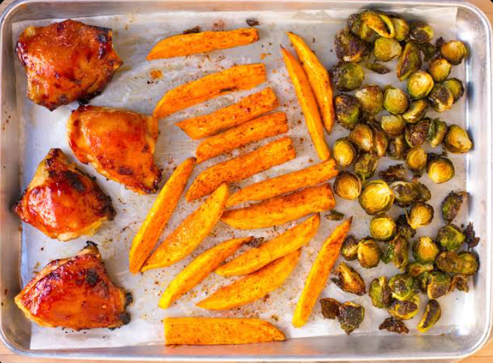 Sheet-Pan Maple Dijon Chicken Thighs with Sweet Potatoes & Brussels Sprouts