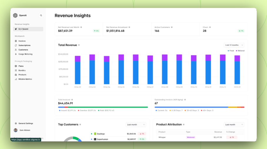 Blue and purple bar charts showing revenue over time.