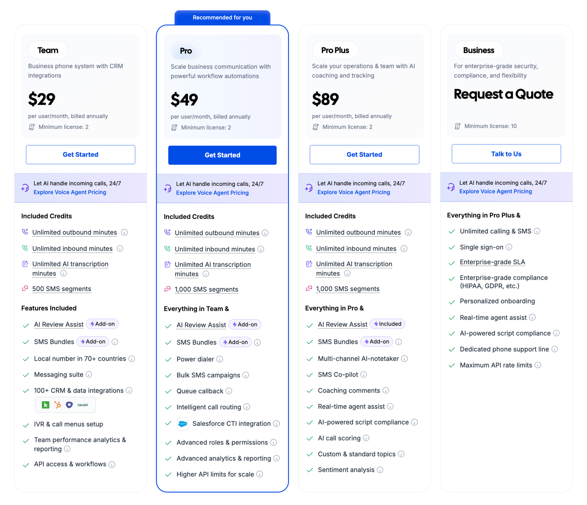 Just Call's pricing plans shown in four tiers listing features included outlined by boxes.