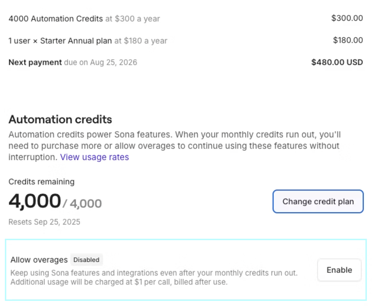 Sona AI's Starter plan showing itemized credits, users, amount due and option to enable overages.
