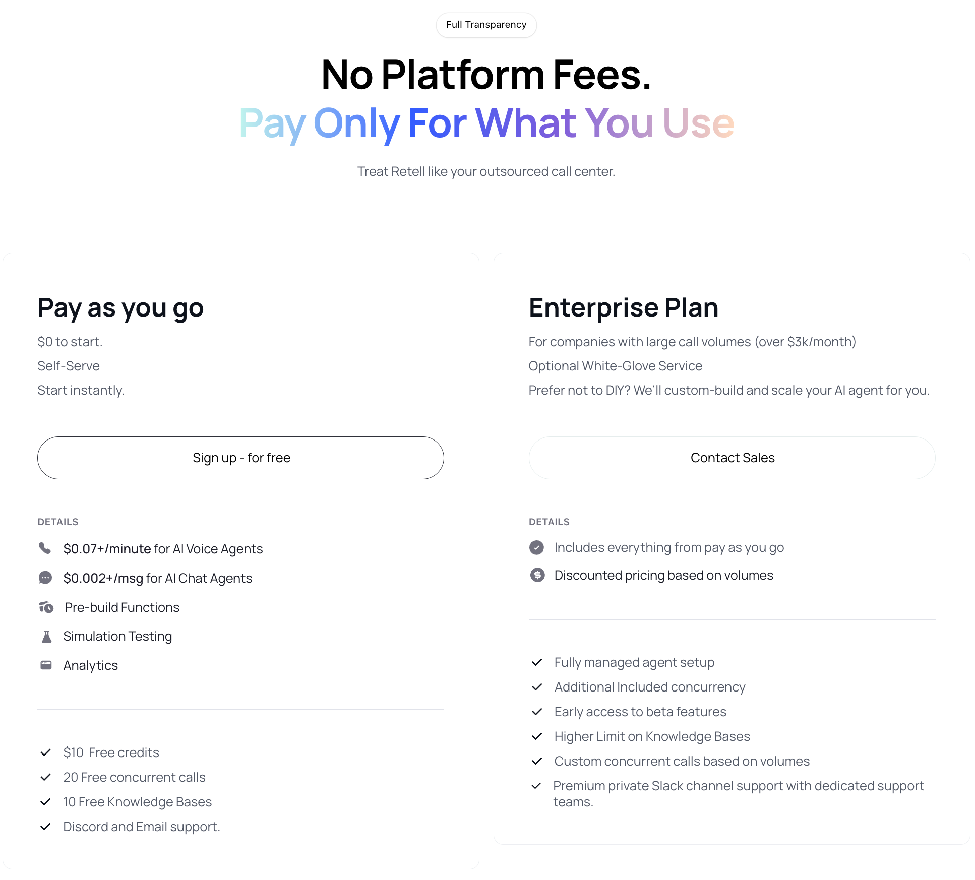 Retell.ai's pricing plan showing two options, Pay-as-you-go and Enterprise.