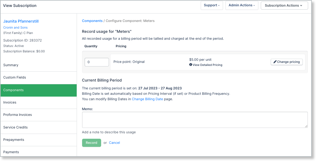 Form input for adding recorded usage in Maxio at price per unit.