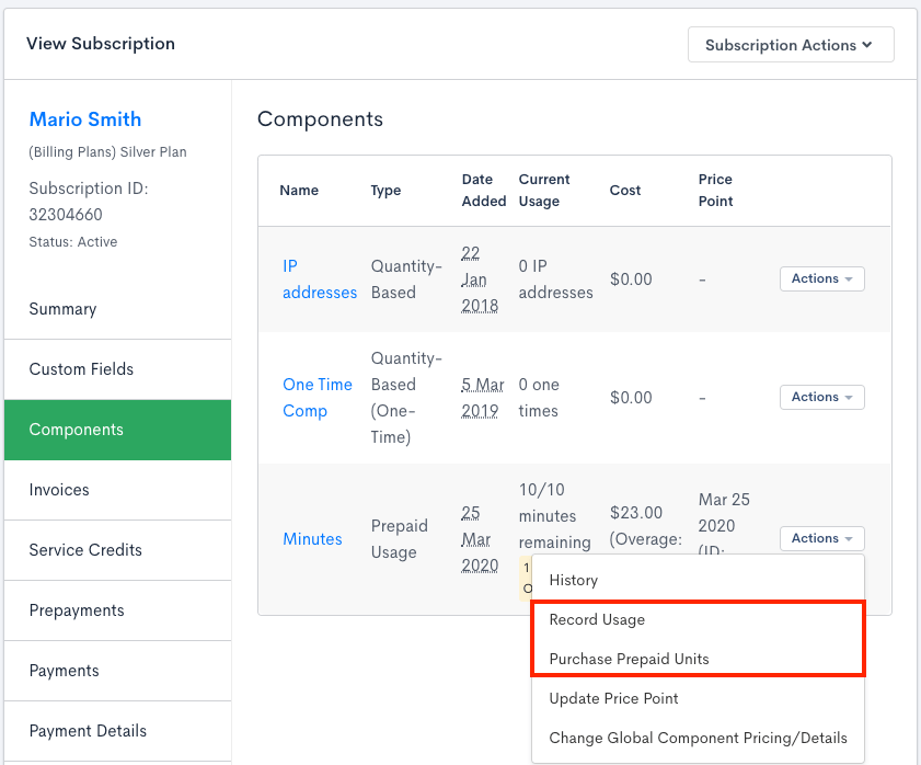 Grey and white table in Maxio showing usage components in a subscription.
