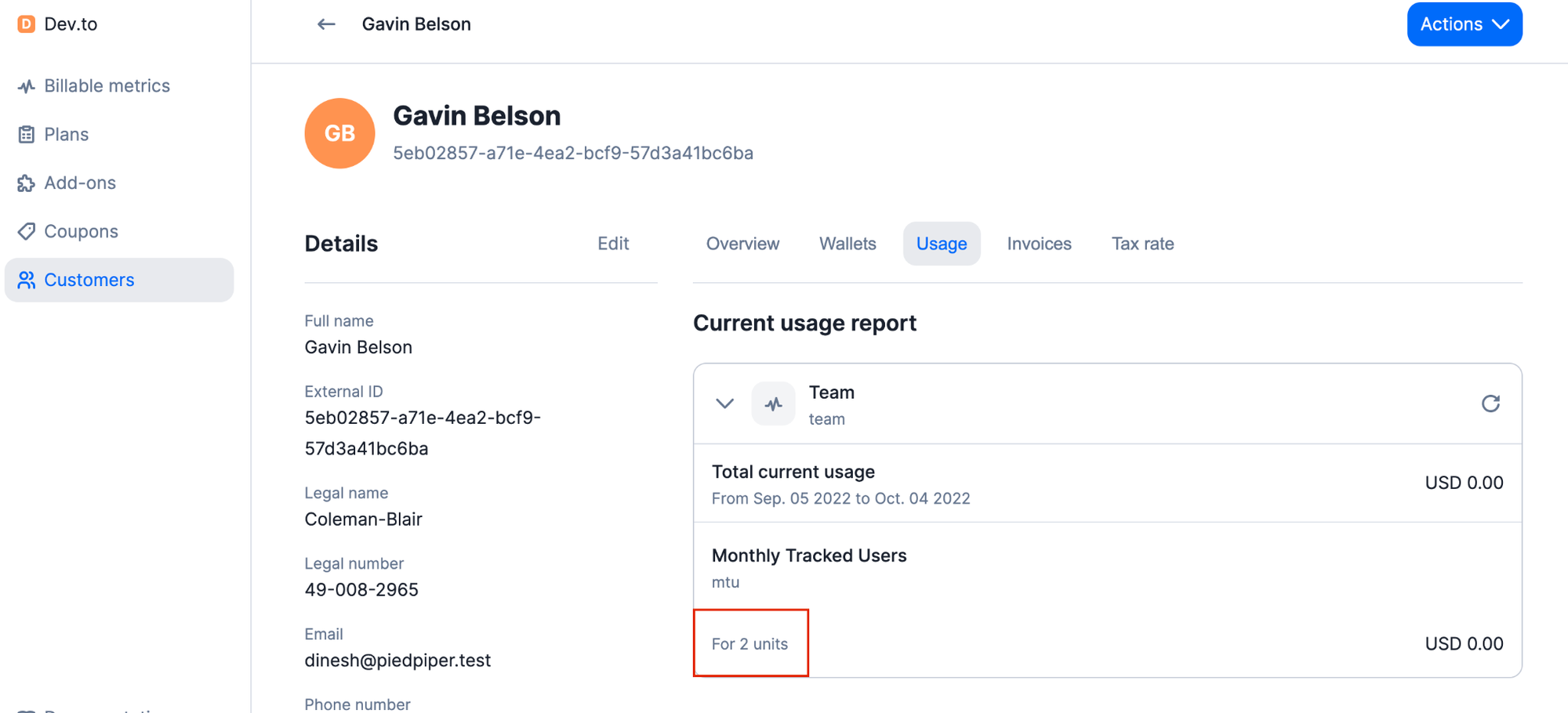 White page with customer details listing currant usage report for USD $0.