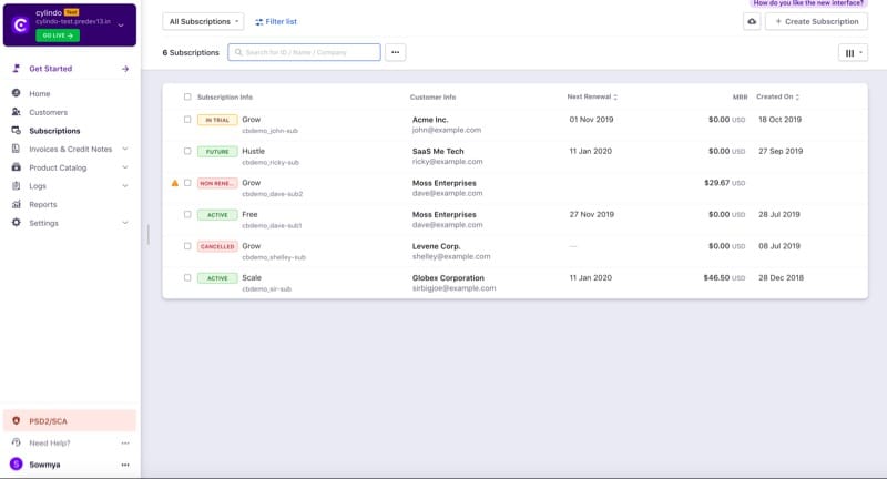White table on a light purple background listing customer subscriptions.