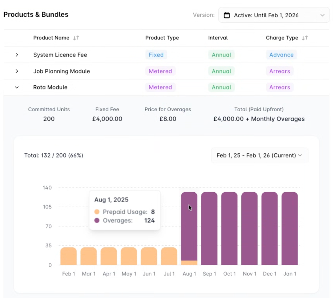 Snapshot of invoice breakdown in Alguna, including usage.