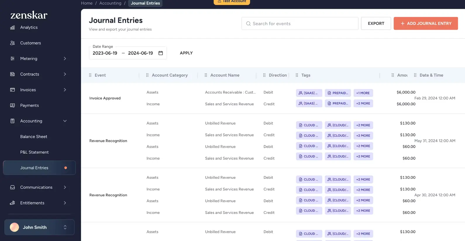Table view of journal entries in Zenskar.