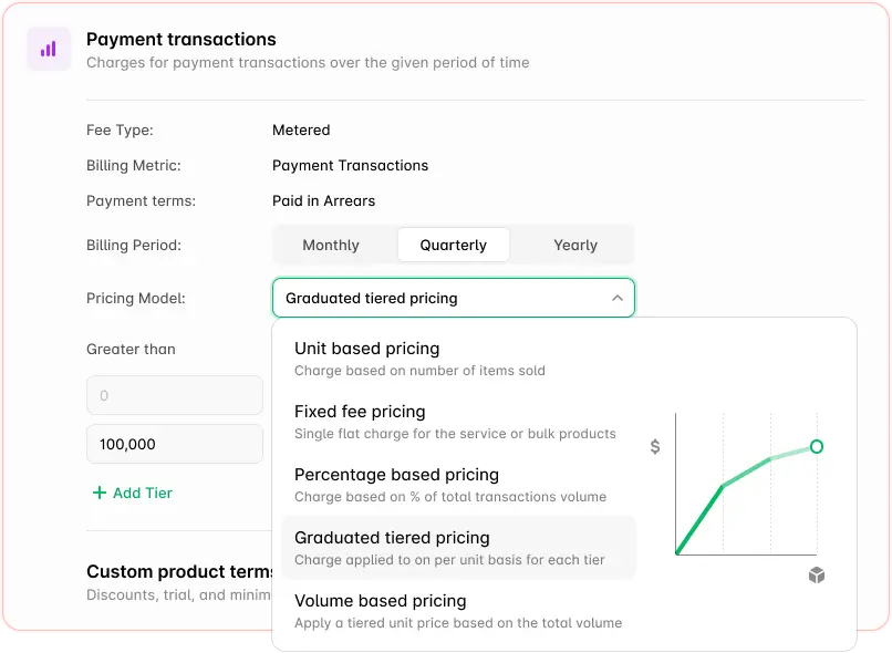 Pricing model drop-down menu in Alguna.