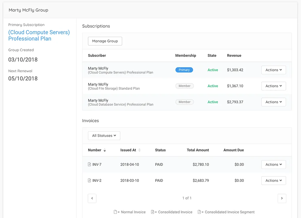 Customer subscription view in Maxio.