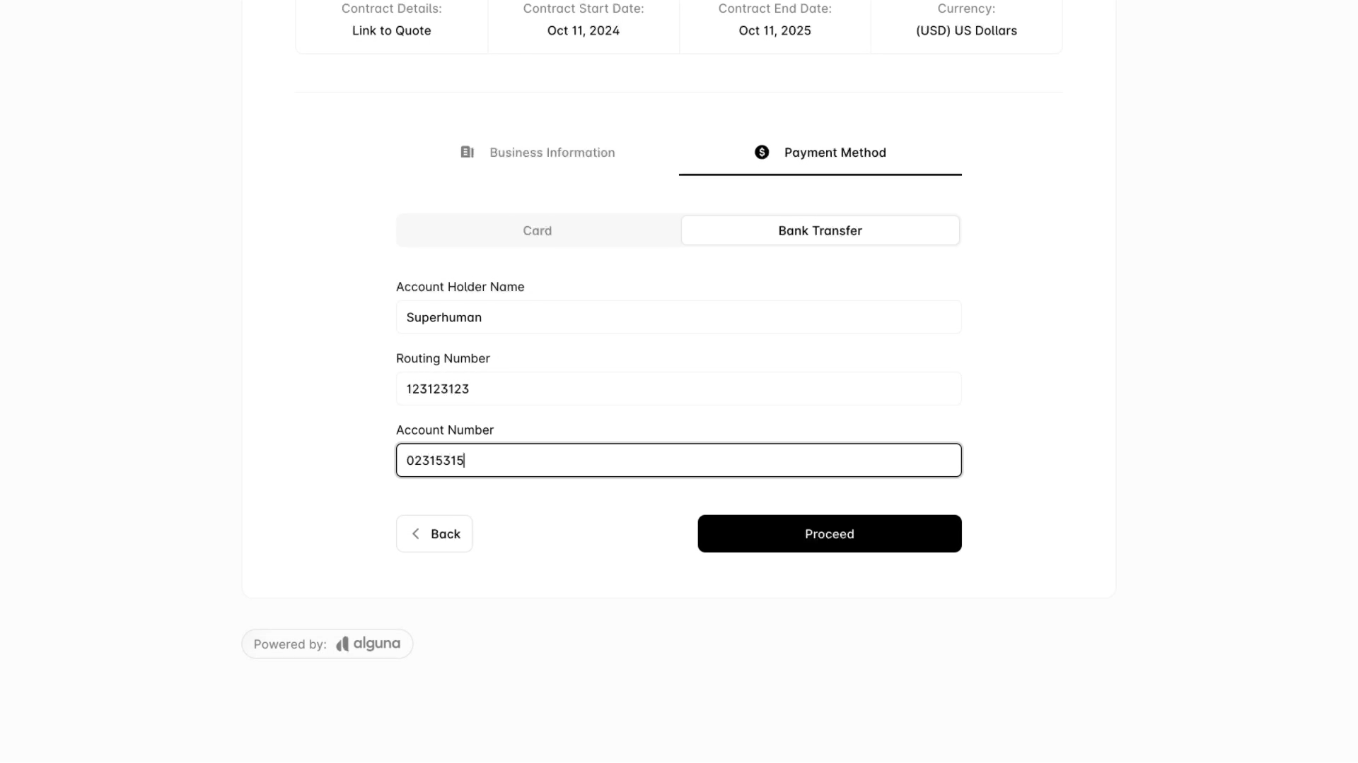 Collect billing details and payment methods in Alguna immediately after signature.