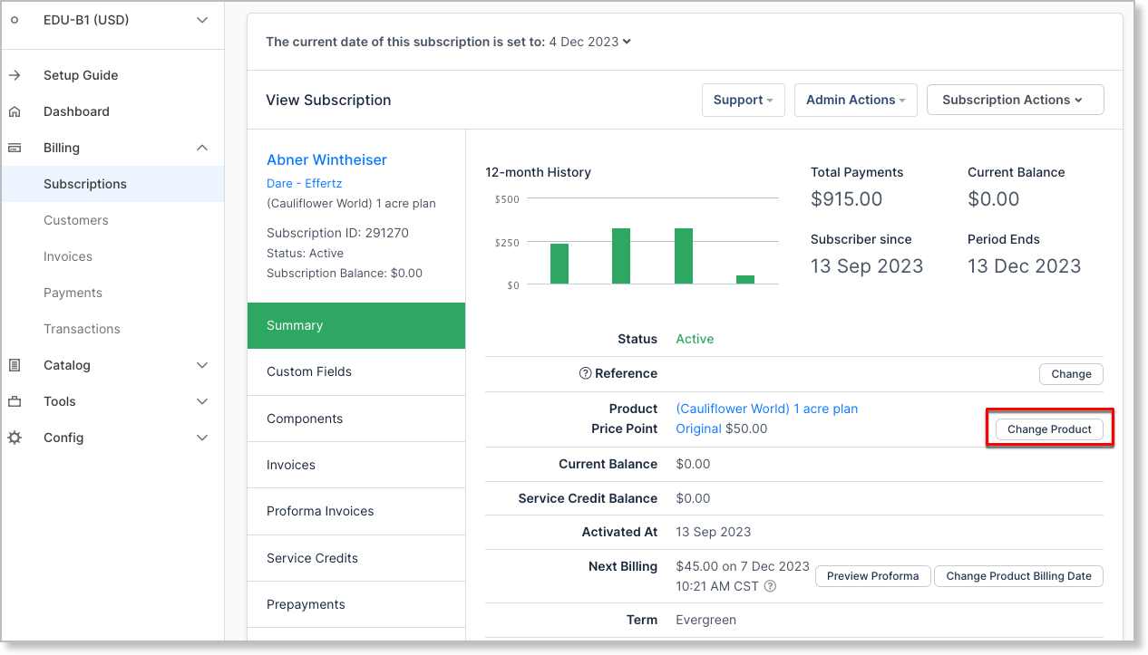 Subscription view in Maxio.