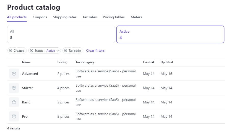 Product catalog on Stripe.
