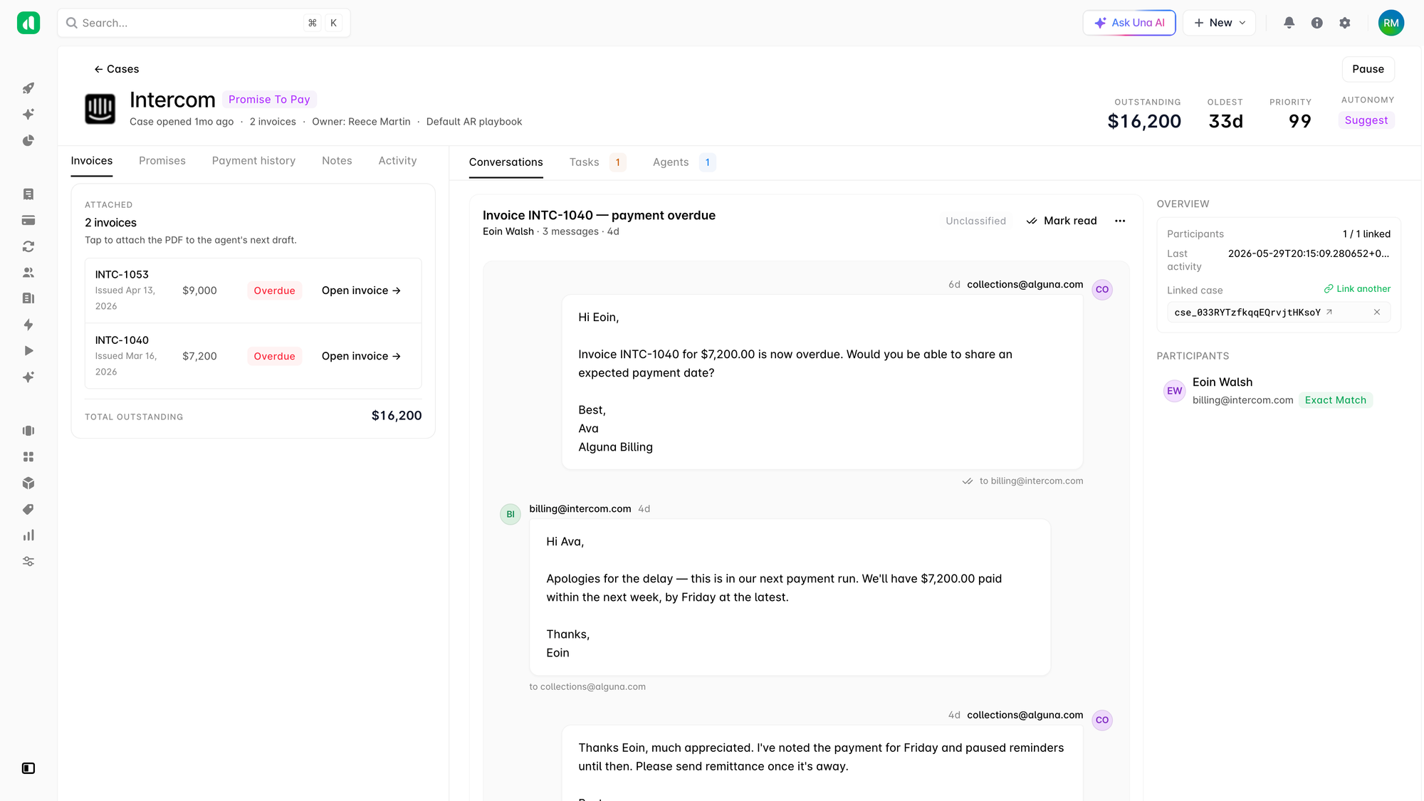 Alguna's accounts receivable AI agent working a case.
