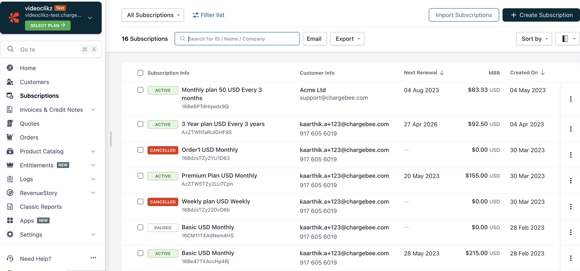Subscriptions view in Chargebee.