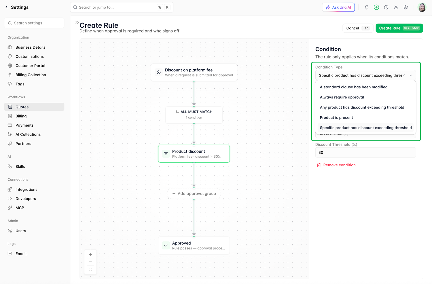 Setting up conditions in Alguna's Approval Workflows.