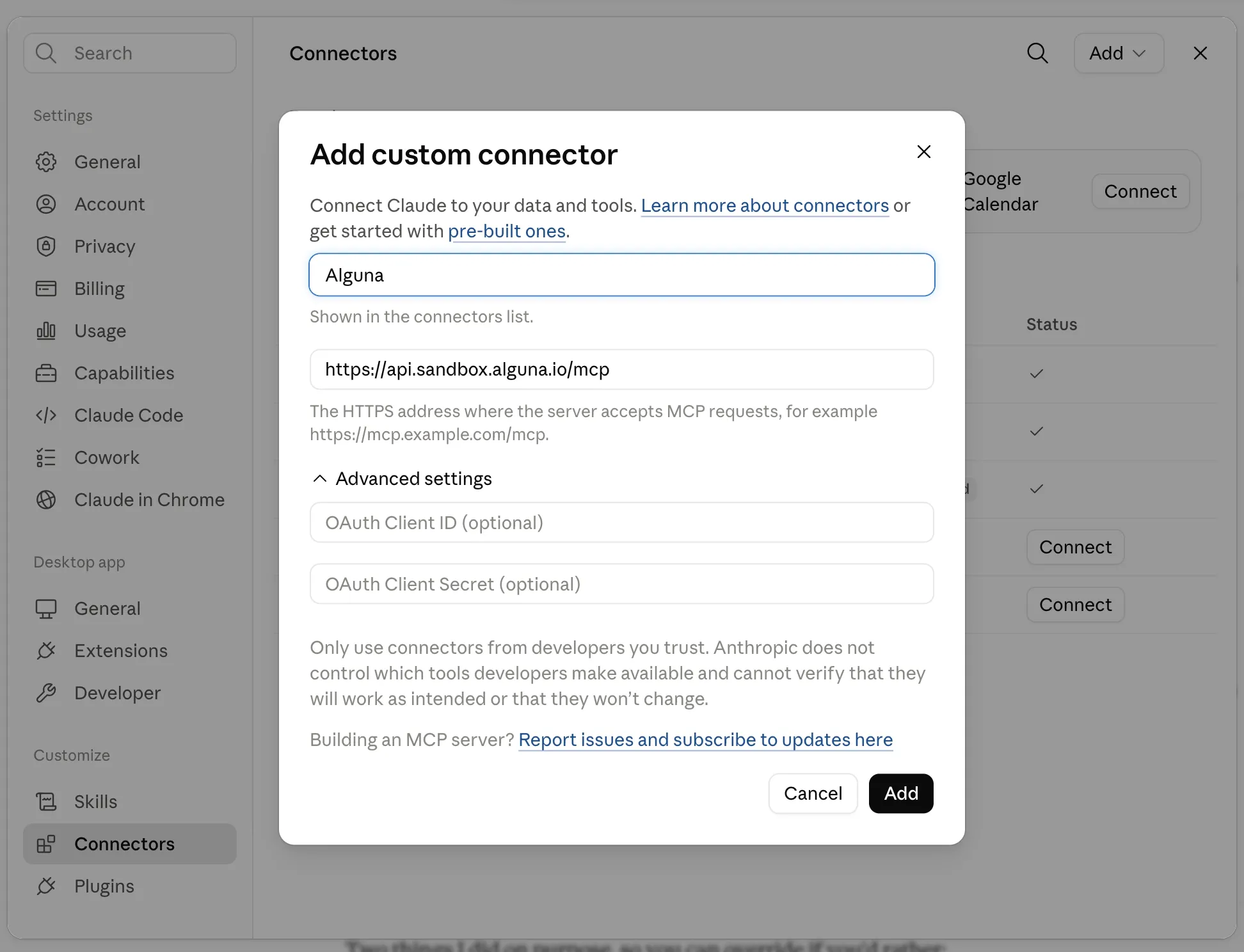 Connecting Alguna's MCP to Claude.