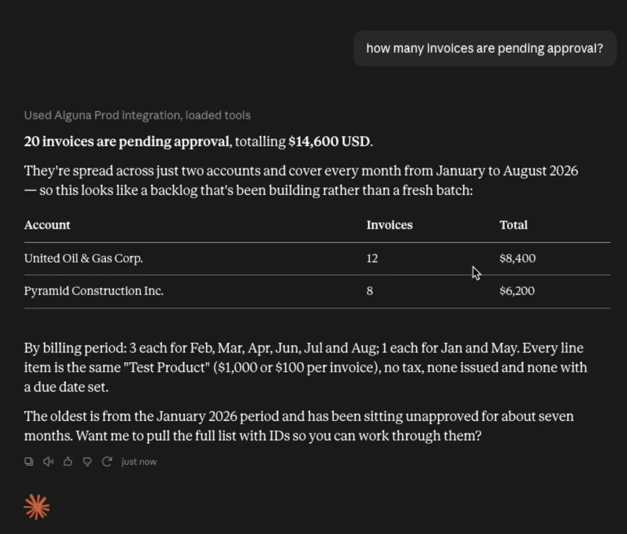 Showing invoices pending approval via Alguna's MCP.