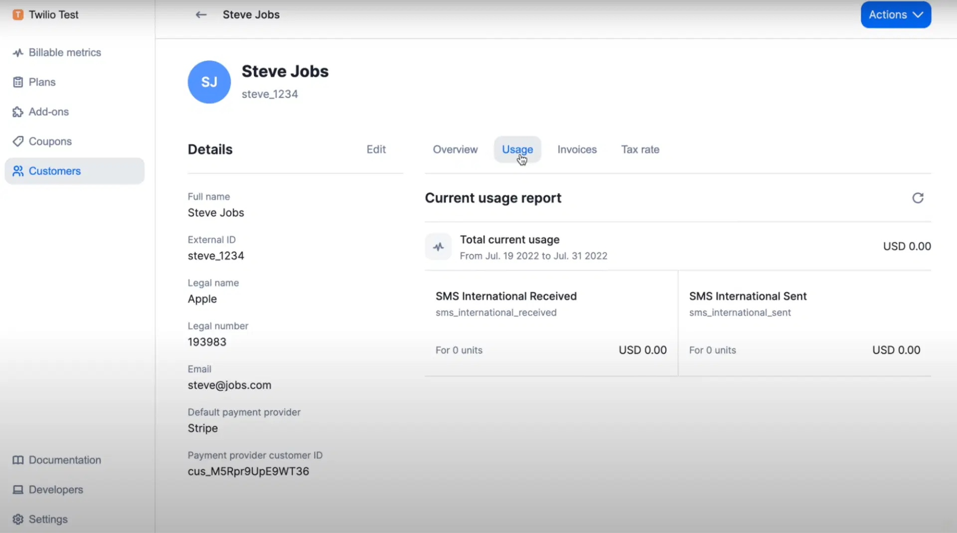 Usage report view in Lago.