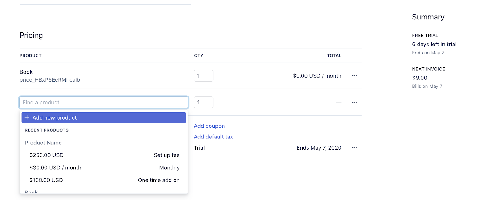 Setting up a subscription in Stripe Billing.