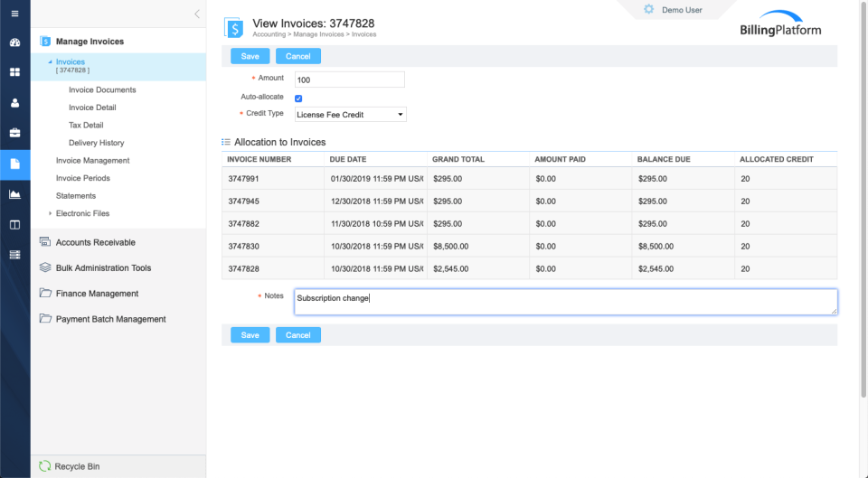 Invoice view in BillingPlatform.