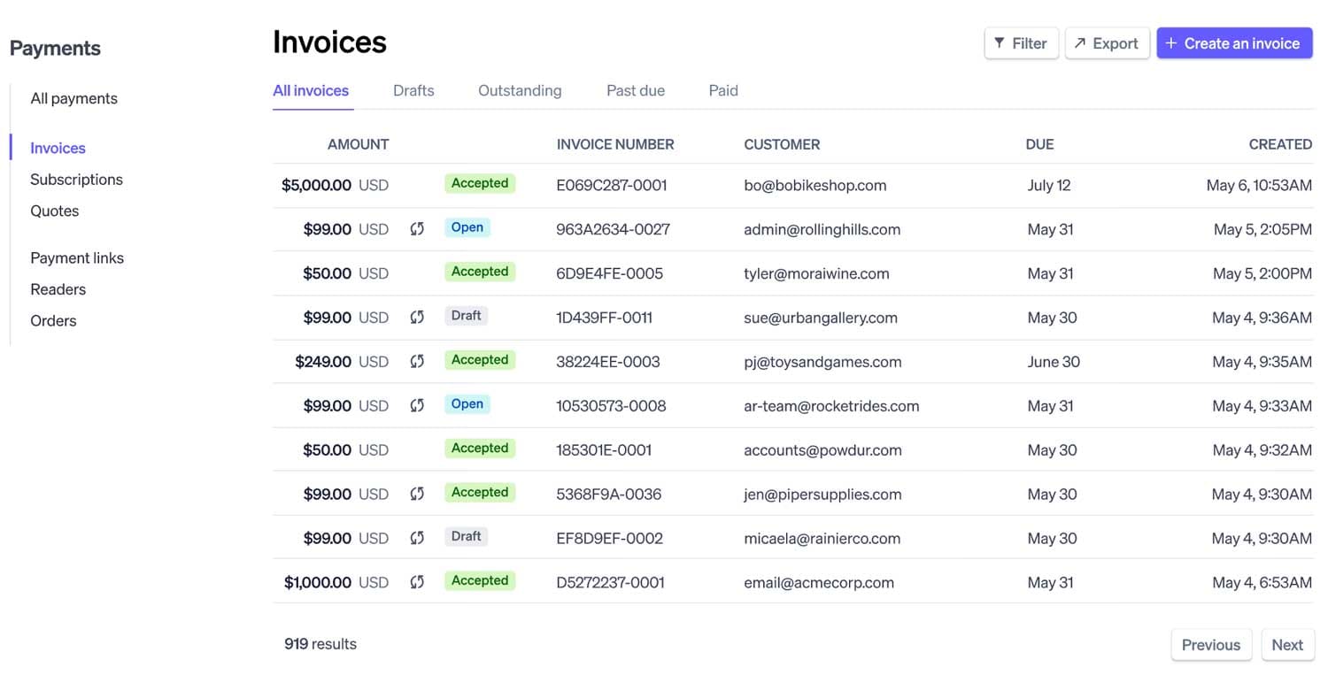 Invoice dashboard in Stripe Billing.