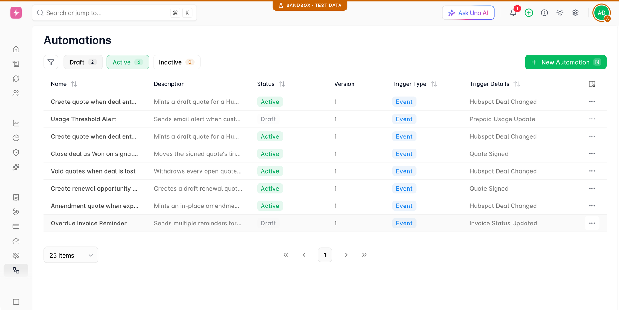 List of HubSpot automations in Alguna.