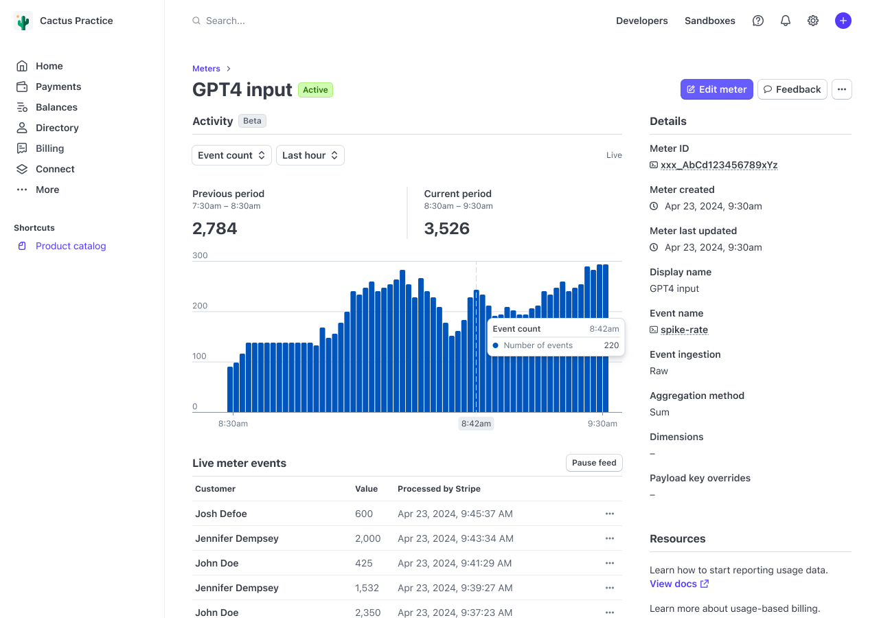 Metering in Stripe Billing (not Metronome).