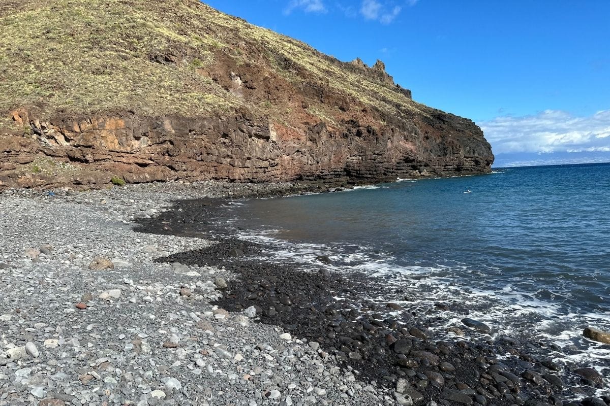 Playa De Avalos Also Known As Avalos Beach La Gomera Canary Islands Spain Pebble Volcanic Beach With Blue Sea Blue Sky And Dramatic Cliffs View Looking North