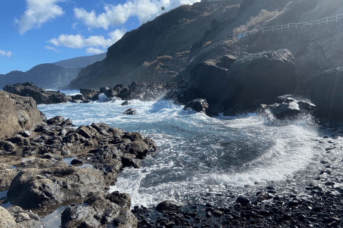 A small beach with waves near Pescante de Agulo in Agulo La Gomera Canary Islands Spain