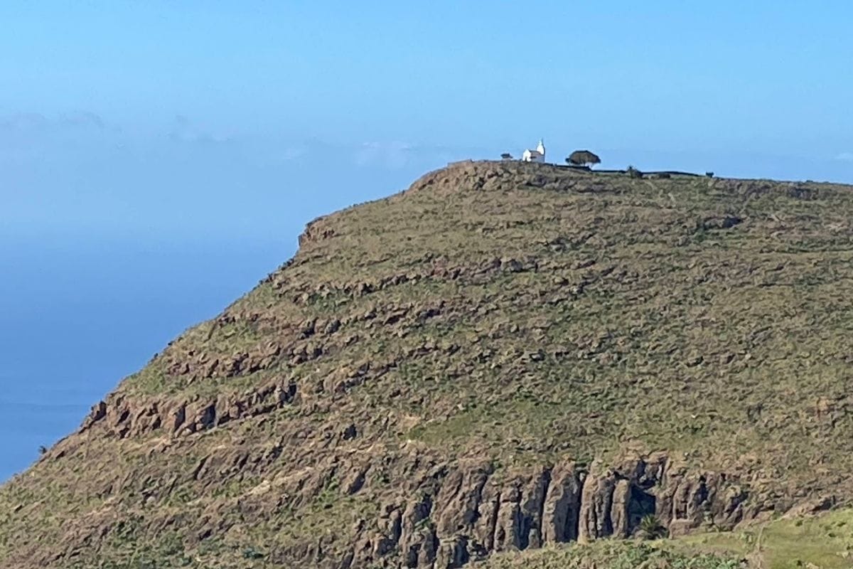 Small White Church Sits Alone On Mountain Top On Sunny Day Ermita De San Isidro La Gomera Canary Islands Spain