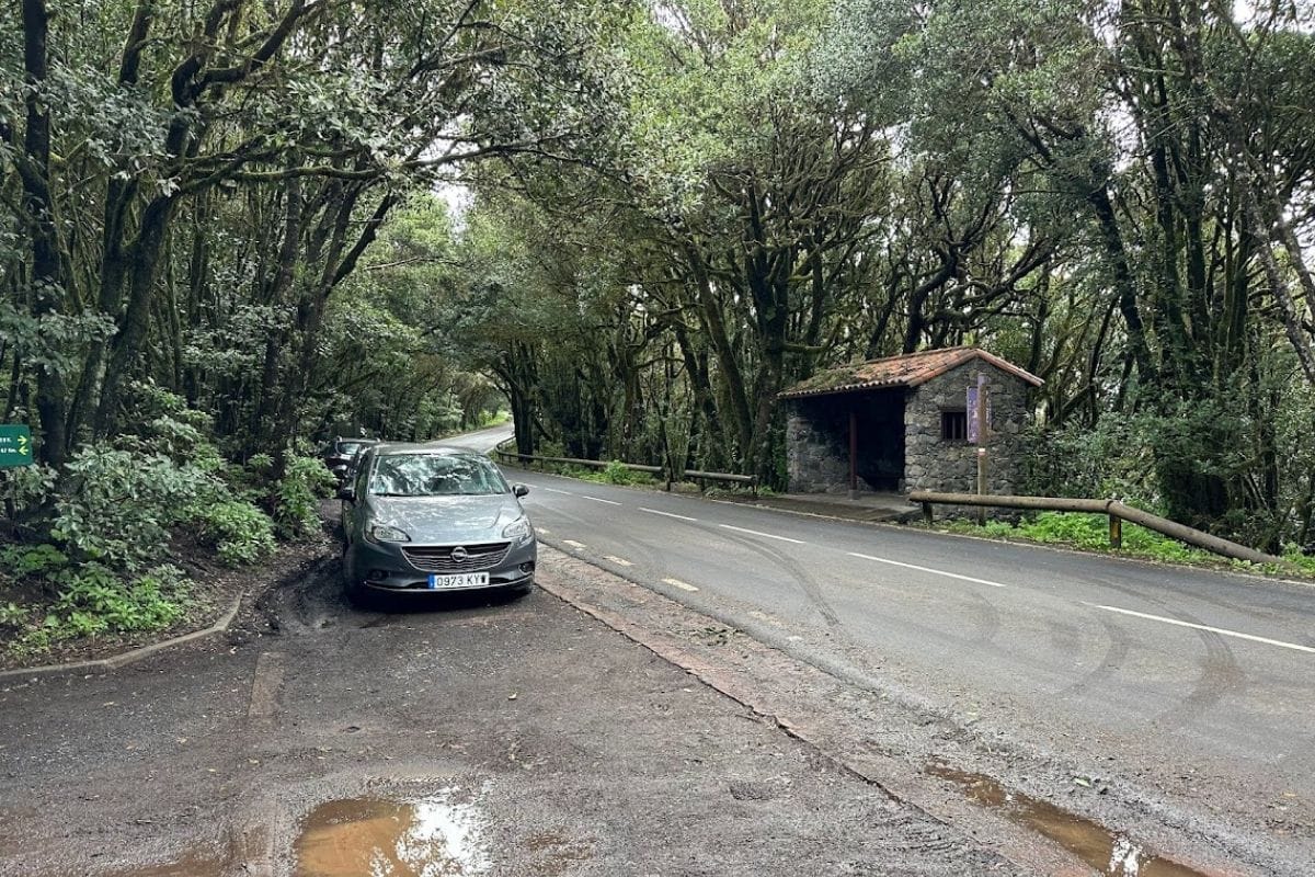 Road With Car Park And Bus Stop Start Point For Hiking Las Creces La Gomera Canary Islands Spain