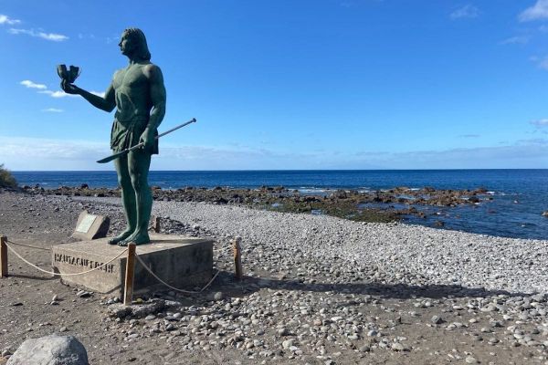 Bronze Statue Hautacuperche On A Beautiful Sunny Day Stands At The Edge Of La Puntilla La Gomera At Valle Gran Rey Town Canar