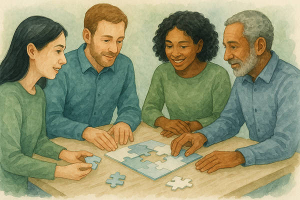 four people sitting around a table solving a puzzle together.
