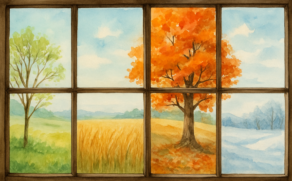 A watercolor image depicting a meadow in 4 different seasons (spring, summer, autumn, winter)