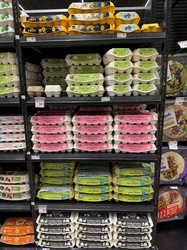 Supermarket egg shelves stacked with cartons from five brands, price tickets showing between roughly $6.49 and $17.99 depending on pack size, with Otaika Valley free range filling most of the
