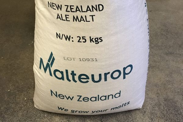A white woven sack printed "New Zealand AAle Malt, N/W 25 kgs, Malteurop New Zealand, We grow your malts", standing on a concrete floor.